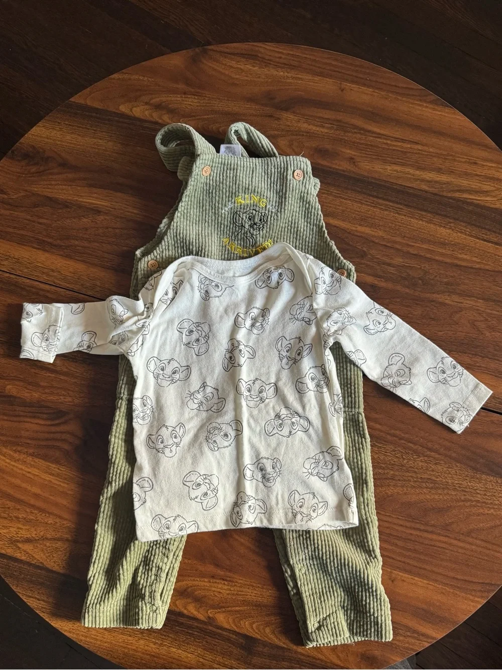Disney baby Kids Olive Green Corduroy Overalls and Cream Printed Top Set